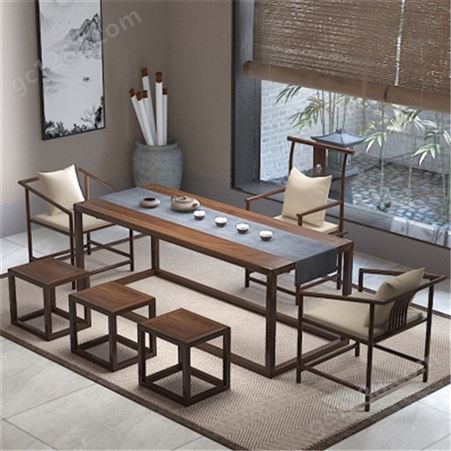 老榆木功夫茶桌椅组合 新中式禅意茶台 整装办公室泡茶桌实木桌椅