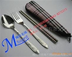 拉链式格子布袋便捷式不锈钢餐具三件套叉+勺+筷子+帆布格子包
