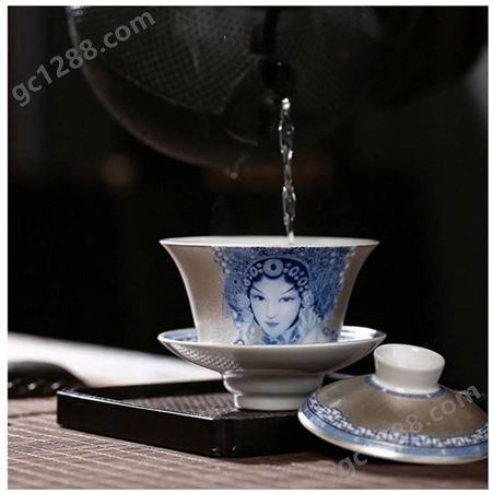 手绘青花珐琅彩本银扒花盖碗 3.7寸复古陶瓷茶碗