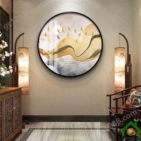新中式水墨山水圆形晶瓷画沙发背景墙装饰画 佛山一品瓷