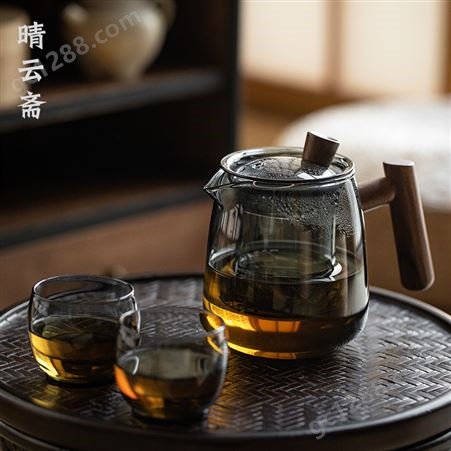 日式木把玻璃泡茶壶单壶茶水分离加厚耐高温可加热煮茶壶茶具套装