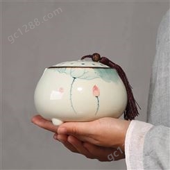 釉下彩手绘荷花茶叶罐 流苏盖子陶瓷密封罐子 防潮家用储存茶盒